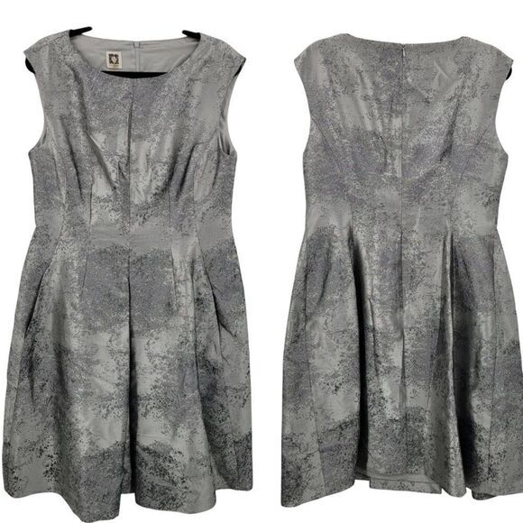 Vtg 80s Metallic Silver Fit Flare Dress Sz 14 Pockets Holiday Party Cocktail - Picture 2 of 11